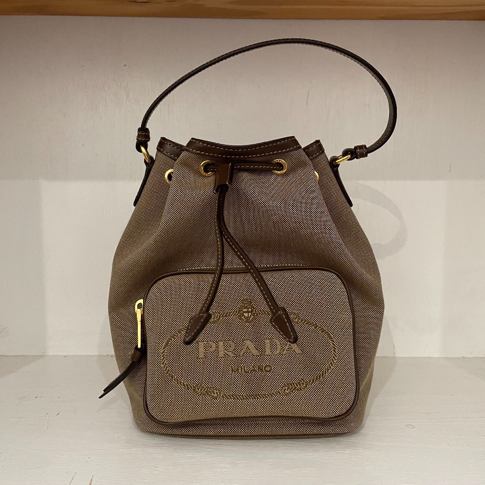 Prada Logo Drawstring Canvas Bucket Bag